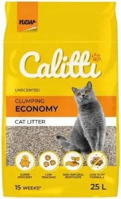 A bag of Calitti cat litter with a cat on it.