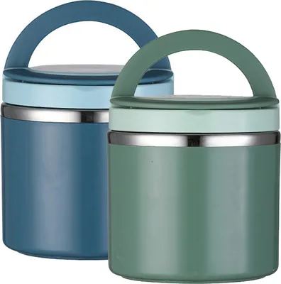 Produktbild von 2x Thermobehälter mit Griff Löffel,1000ml Edelstah Warmhaltebehälter für Essen,Lunchbox Speisebehälter (blau+Grün)