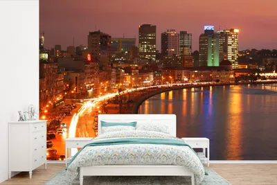Produktbild von MuchoWow® Fototapete für Wohnzimmer oder Schlafzimmer Wandtapete Vinyl Motivtapete Die Bucht von Luanda leuchtet in der Abenddämmerung in Afrika - 450x300 cm - Gemusterte