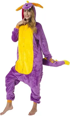 Produktbild von Katara 1744 -  Dinosaurier lila-gelb S (145-155cm), Jumpsuit, Onesie, Karneval, Overall, Party, Karnevals-Kostüm, Verkleidung zum Fasching, Schlafanzug, Hausanzug, Jogginganzug, Cosplay, Tierkostüm für Erwachsene