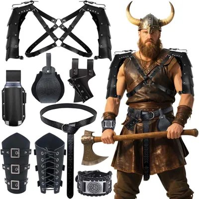 Produktbild von Viking Kostüm Set - Mittelalterliche Kleidung - Gürtel/Arm Schutz - Gürteltasche - Geeignet für Männer/Frauen - Perfekt für Halloween/Carnaval - Mittelalterliches Kostüm