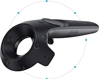 A black HTC Vive controller is shown against a white background with a circular graphic overlay.