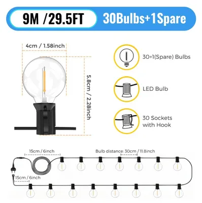 Obrázok produktu pre LED svetelný reťazec G40 - 9 metrov - 30 LED žiaroviek - IP44 - Vhodný pre vnútorné aj vonkajšie použitie - EÚ zástrčka - 220 V