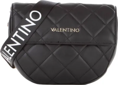 A black Valentino handbag with a quilted pattern and a branded strap.