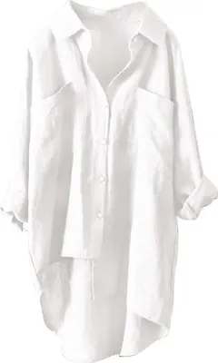 Produktbild von ASKSA Damen Musselin Bluse Sommer Leichte Atmungsaktive Leinenhemd Tshirt Casual Locker Leinenbluse Top, Weiss, Groesse: M
