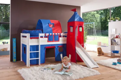 Produktbild von Einzelbett Alex Buche massiv 90x200 cm Weiß lackiert mit Stoff-Set und Rutsche