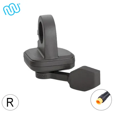 A black bicycle accessory is shown against a white background. A small inset image shows a connector tip. A logo and the letter 'R' are present.