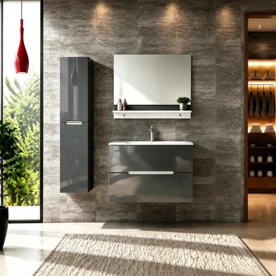 Produktbild von Faizee Home Badmöbelset Aliyah 90 cm Hochglanz Grau Weiß inkl. Waschbecken, Spiegel & Regal