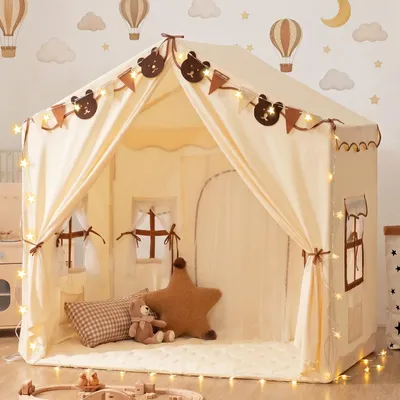 Produktbild von BSHAPPLUS 2-in-1 Kinderzelt mit Spielmatte, LED-Sternenlichter & Wimpeln, Spielhaus & Betttunnel mit 4 Fenstern, 2 Taschen, Pfirsichhautstoff, Beige