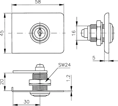 Image de Hekna serrure à came à cylindre (serrure de meuble) type 544 en bas, zamak nickelé