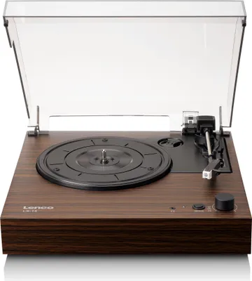 A Lenco LS-15WD turntable with a clear dust cover open, shown from a slightly elevated front-left angle on a white background.