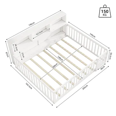 A white wooden bed frame with a slatted base and a headboard with shelves, shown from a diagonal top-down view. Dimensions are marked on the image.