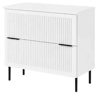 Productafbeelding van Badkamerkast, staand model, 80 cm breed, met ribbelstructuur aan de voorkant, 18 mm dik, wit + effen wit, handgrepen in twee kleuren, afmetingen: 80 x 46 x 73,6 cm, AI-gegenereerde afbeelding