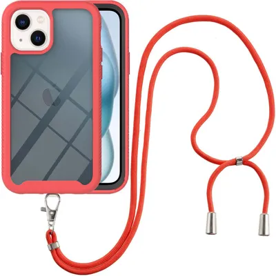 Produktbild von iPhone 15 Plus Handykette Hülle, Transparente TPU Bumper Ganzkörper Schutzhülle mit Kordel zum Umhängen Necklace Schlüsselband für iPhone 15 Plus Rot