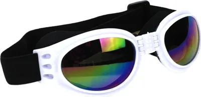 A pair of white dog goggles with rainbow-tinted lenses and a black adjustable strap, isolated on a white background.