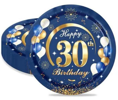 Immagine prodotto di Piatti di carta per il 30° compleanno, 16 pezzi, colore blu e oro, diametro 23 cm