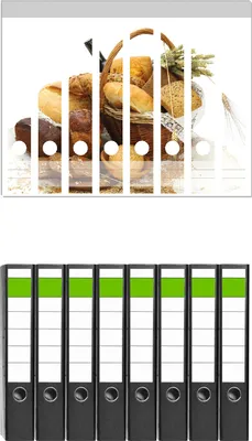 Produktbild von Wallario 8 Stück schmale Ordner inkl. Klebeetiketten mit Motive Brot und Brötchen im eleganten Korb - mit Wein und Getreide -  Set mit Rückenschildern / Ordnerrücken Stickern