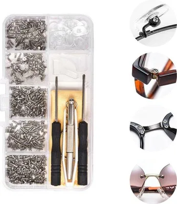Image de Kit de réparation pour lunettes - contient 500 vis pour verres, des coussinets en silicone pour lunettes, un tournevis et des pinces à lunettes