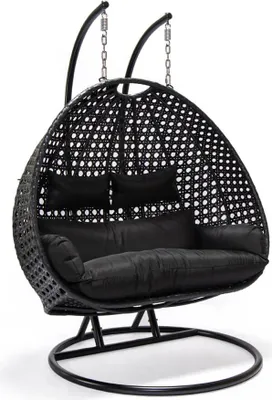 Produktbild von HOME DELUXE - Hängesessel TWIN - Schwarz, Höhe 195 cm - inkl. Gestell, Sitz- und Rückenkissen I Polyrattan Hängestuhl Gartenschaukel Hängekorb