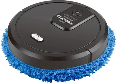 A black robotic vacuum cleaner with a blue mop attachment is shown from a slightly elevated angle against a white background.