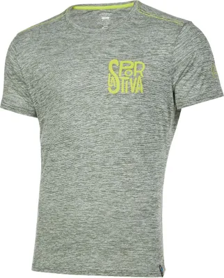 Graues T-Shirt mit kurzem Arm von La Sportiva; mit gelbem Logo auf der Brust; geeignet für Klettern.
