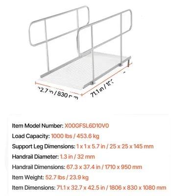 Obrázok produktu pre Rampa pre invalidné vozíky, prenosná, vyrobená z hliníka, s nastaviteľnými nohami, rozmer 180 x 81 cm, rozmer 180 x 81 cm