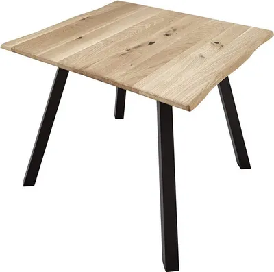 A square wooden table with a live edge and black metal legs, shown from a slightly elevated angle against a white background.
