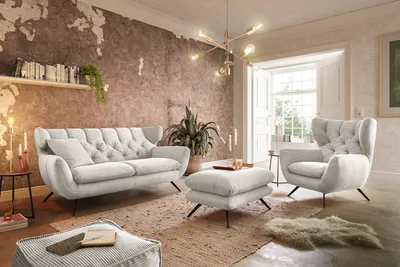 Produktbild von KAWOLA Sitzgruppe CHARME 2-Sitzer Sessel Hockerbank Cord cremeweiß