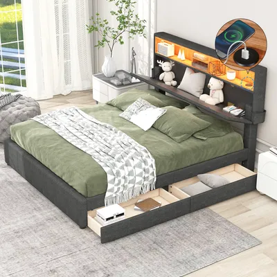 Produktbild von Flieks Polsterbett mit USB und Lattenrost, Doppelbett 140x200cm Stauraumbett mit 2 Schubladen, Massivholzbett Funktionsbett mit Led, Jugendbett Ehebett Leinen, Grau