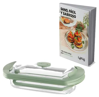 Produktbild von Lékué Glas-Daampfgarer und Buch auf Spanisch