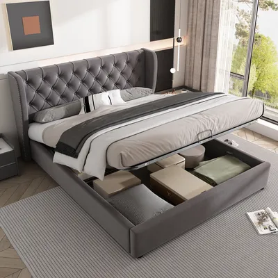 Produktbild von okwish Polsterbett 140×200cm Hydraulisches Doppelbett mit Stauraum, Stauraumbett Jugendbett mit Bettkasten, Samtstoff,Grau(ohne Matratze)