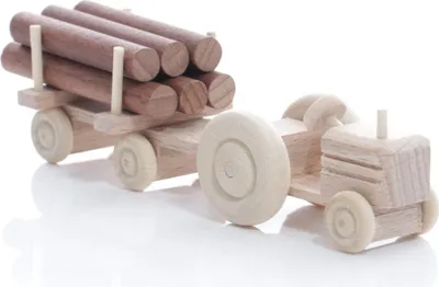 Productafbeelding van Houten tractor, gemaakt van massief hout, natuurlijke kleur. Afmetingen: 3,5 x 7,5 x 3 cm. Nieuw