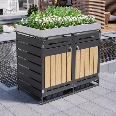 Productafbeelding van Afvalcontainerbox - 131 x 79 x 120 cm, zwart, van staal, geschikt voor 2 afvalcontainers, met plantenbak, afsluitbaar, geventileerd