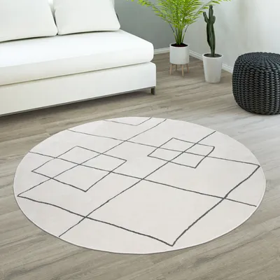Immagine prodotto di Tappeto rotondo per soggiorno a pelo corto con motivo a rombi scandinavo moderno chiaro Dimensioni 200 cm rotondo