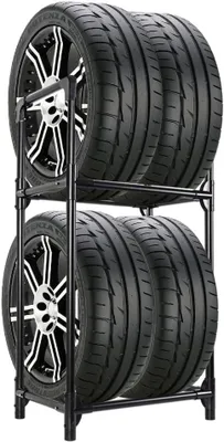 Productafbeelding van Bandenrek met 2 niveaus, metalen bandenrek voor 4 banden, geschikt voor garage, kelder, werkplaats of opslagruimte, afmetingen 57,2 x 37,3 x 114,6 cm (zwart)