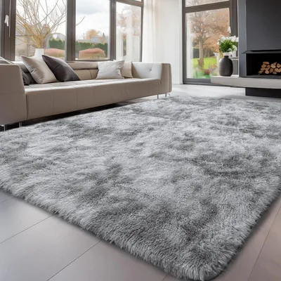 Image de Tapis à poils longs, dimensions 300x425 cm, lavable, antidérapant, duveteux, gris clair, rectangulaire
