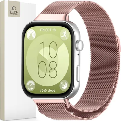A smartwatch with a rose gold Milanese band and a white box, presented on a white background.