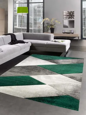 Produktbild von Moderner Teppich Kurzflor Wohnzimmerteppich karo abstrakt grün grau Größe - 80x150 cm
