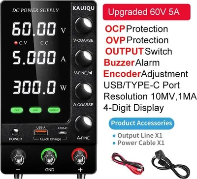 Immagine prodotto di Alimentatore da banco DC regolabile, 0-60V, 0-5A. Alimentatore regolato con uscita singola, dotato di protezione OVP/OCP. Versione aggiornata: 60V, 5A