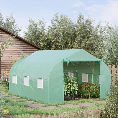 Produktbild von Foliengewächshaus Giebeldach begehbar, Tomatenhaus Treibhaus, PE-Folie verzinkter Stahl, Dunkelgrün | 350x300x200 cm | 6 Netzfenster | 15,5 kg