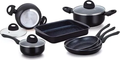 Produktbild von Herzberg 10-Teiliges marmorbeschichtetes Kochgeschirr-Set - Schwarz