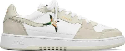 A single white sneaker with a bird graphic on the side, shown from a side profile.