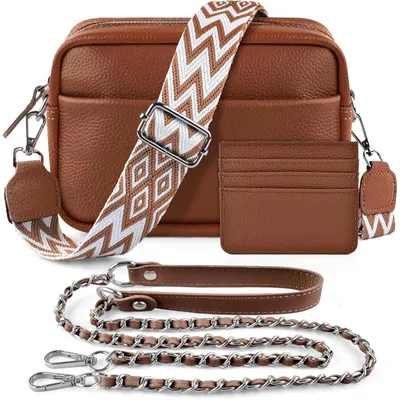 Produktbild von Umhängetasche Damen Echtes Leder Crossbody Bag mit 2 Schultergurten Kartenhalter 3 Fächer Braun
