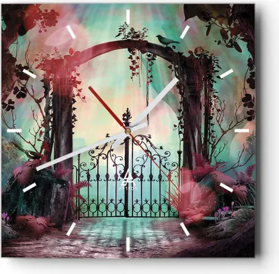 Produktbild von Wanduhr - Quadrat - Glasuhr - Fantasie Tor Garten - 40x40cm - Schleichendes Uhrwerk - Lautlos - zum Aufhängen bereit - Dekoration Modern - Wanddekoration aus Glas - C3AC40x40-4517