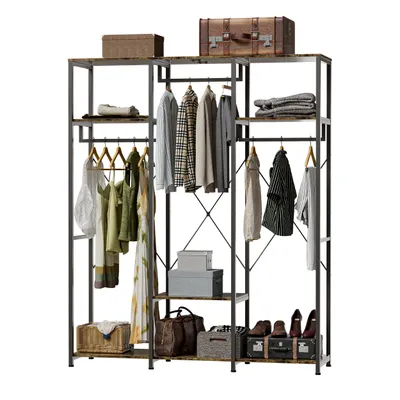 Produktbild von Kleiderständer, 3 Regale, 2 Kleiderstangen, 182*150*40cm Holz und Metall Garderobenständer für Schlafzimmer Garderobenständer, Hochwertig & Stabil