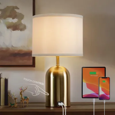 Image de Lampe de chevet avec port USB, lampe de table avec contrôle tactile, variateur d'intensité, lampe moderne avec abat-jour en tissu