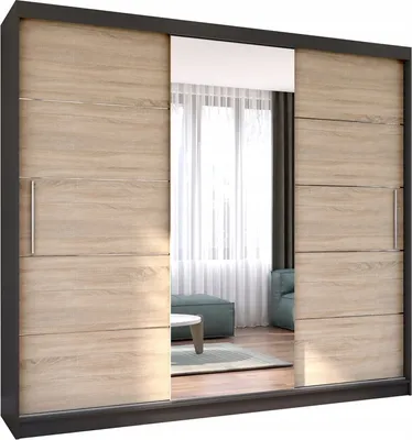 Produktbild von Easy4You Astra Schwarz/Sonoma Schiebetürenschrank Kleiderschrank 233x218x61 cm mit Spiegel - Schlafzimmermöbel, Aufbewahrung – Mehrzweckschrank mit 2 Kleiderstangen