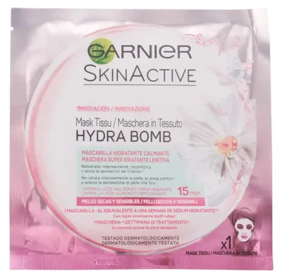 Produktbild von Garnier Skin Active Hydra Bomb, Feuchtigkeitsspendende Maske, Frauen, trockene Haut, Empflindliche Haut, Feuchtigkeitsspendend, Nährend, Revitalisierend, Beruhigend, Blätter, Hyaluronsäure