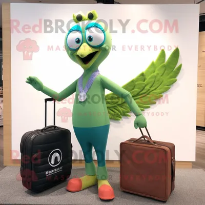 Productafbeelding van Olive Peacock mascotte REDBROKOLY kostuum karakter gekleed met een yogabroek en aktetassen