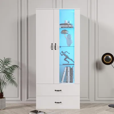 Obrázok produktu pre Sklenená vitrína s LED osvetlením, biela, rozmer 59,5 x 35 x 182 cm, 3 police, 2 zásuvky